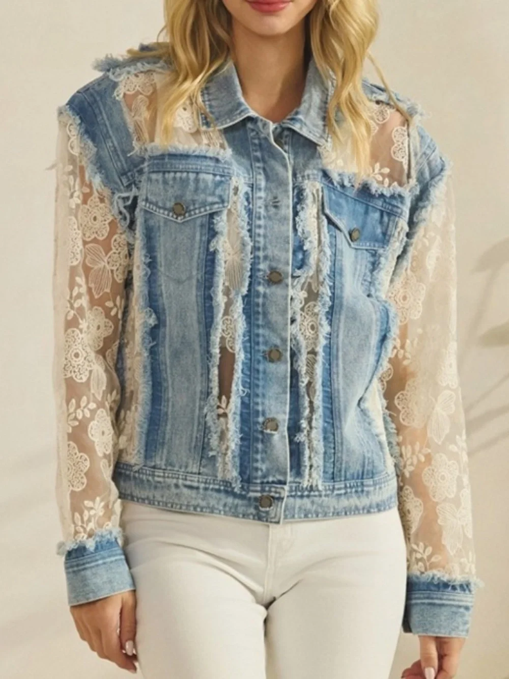 Western Floral Lace Semi Sheer Button Down Frayed Jacket - Picture 7 of 13